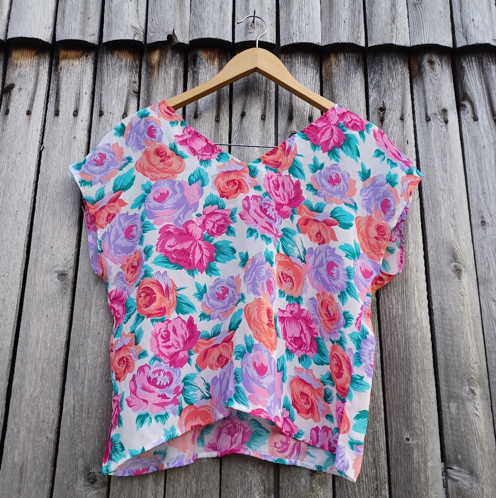 Vintage 80s John Richard cap sleeve top bright USA made floral shirt Womens M